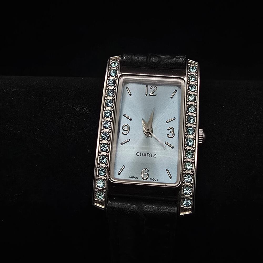 Blue Rhinestone Rectangle Quartz Watch Black Band WORKS Working